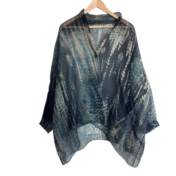 Harari 100% Silk Sheer Poncho Top Blouse Kaftan One Size Blue Black Abstract - Picture 1 of 6